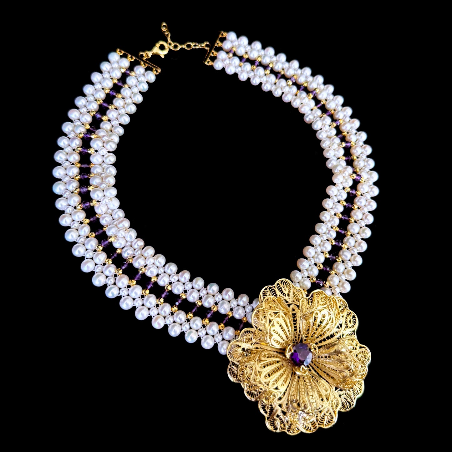 Pearl, Amethyst & 18k Plated Silver Woven Necklace with Floral Centerpiece