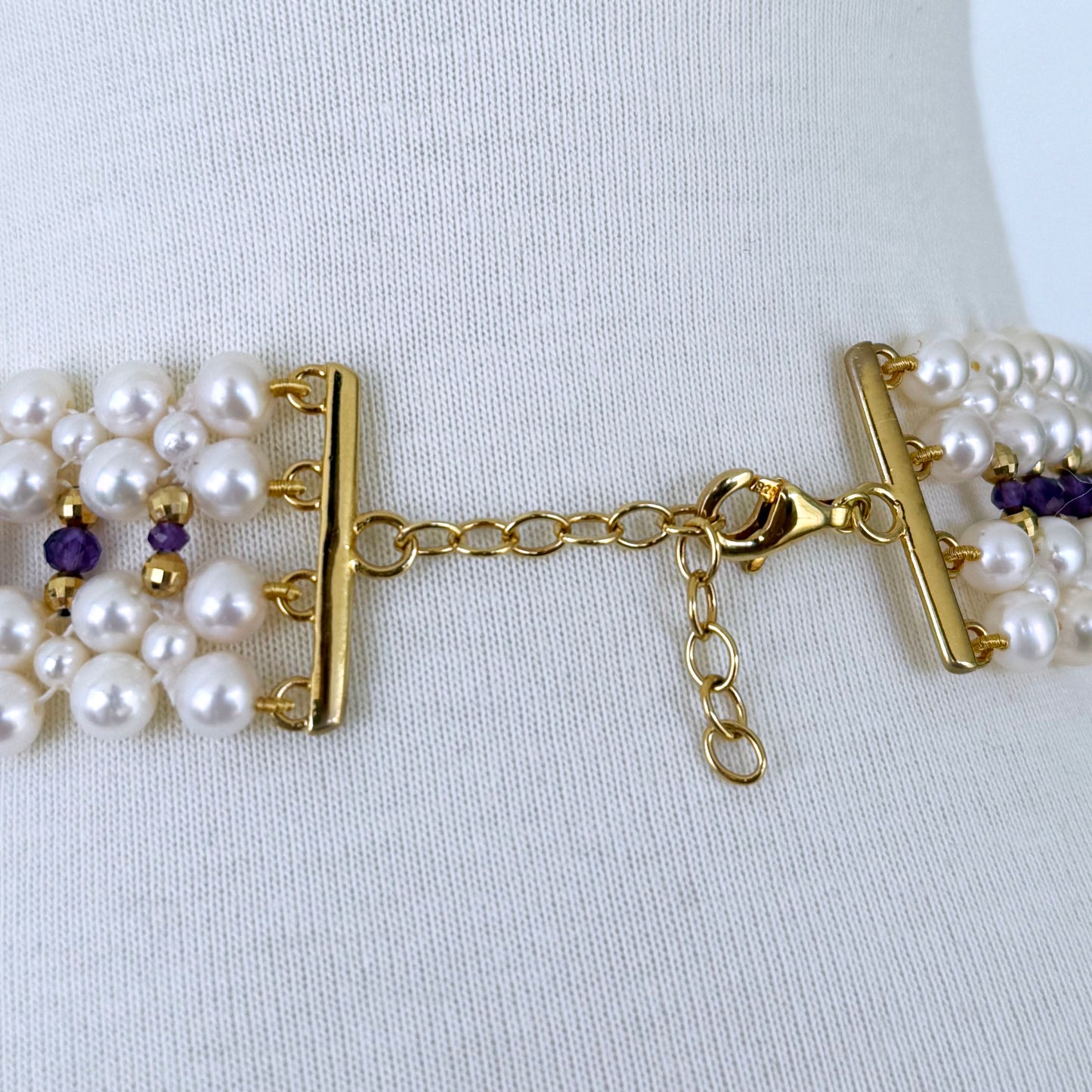Pearl, Amethyst & 18k Plated Silver Woven Necklace with Floral Centerpiece