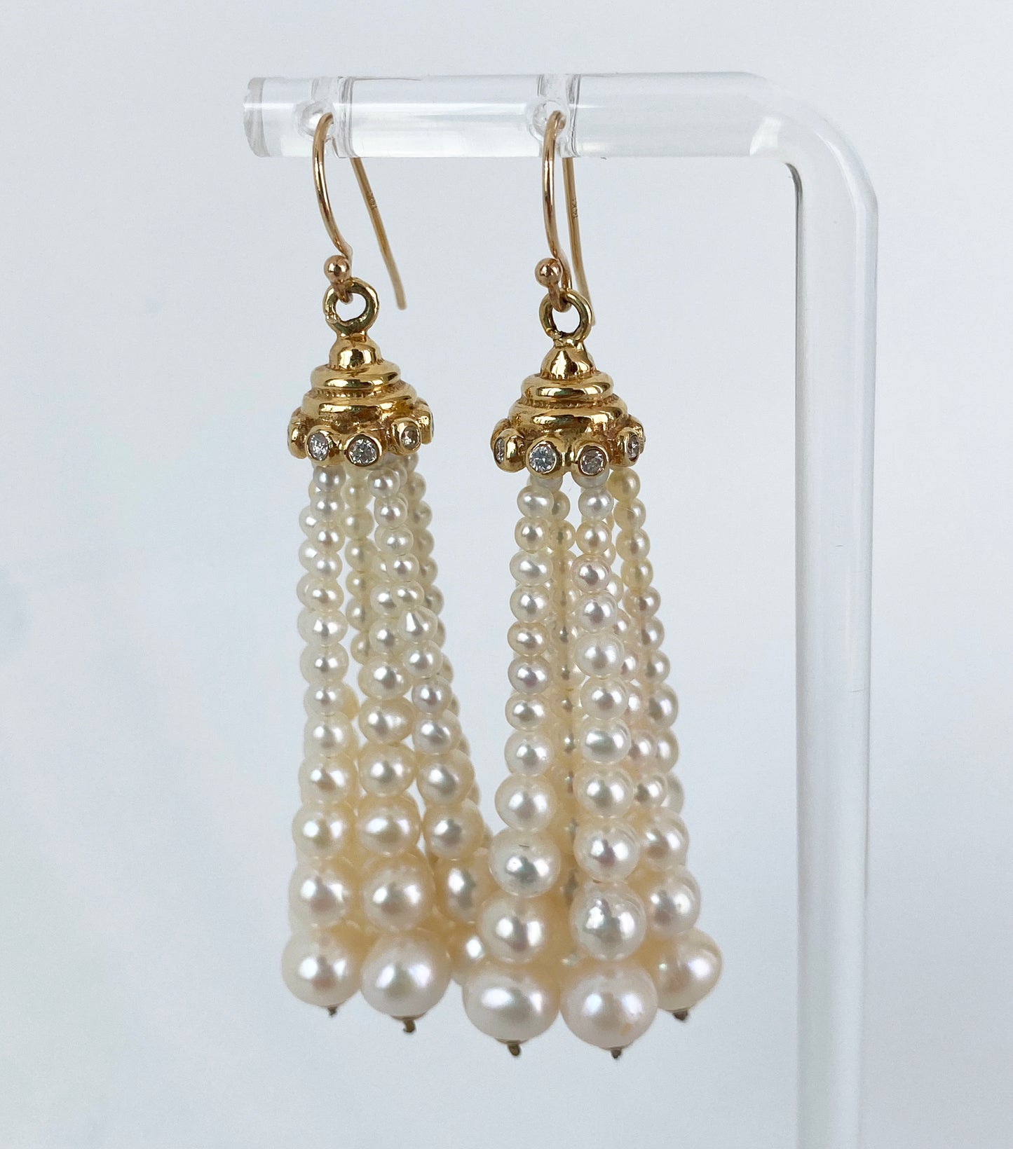 Graduated Pearl Tassel Earrings with Diamonds & Solid 14k Yellow Gold
