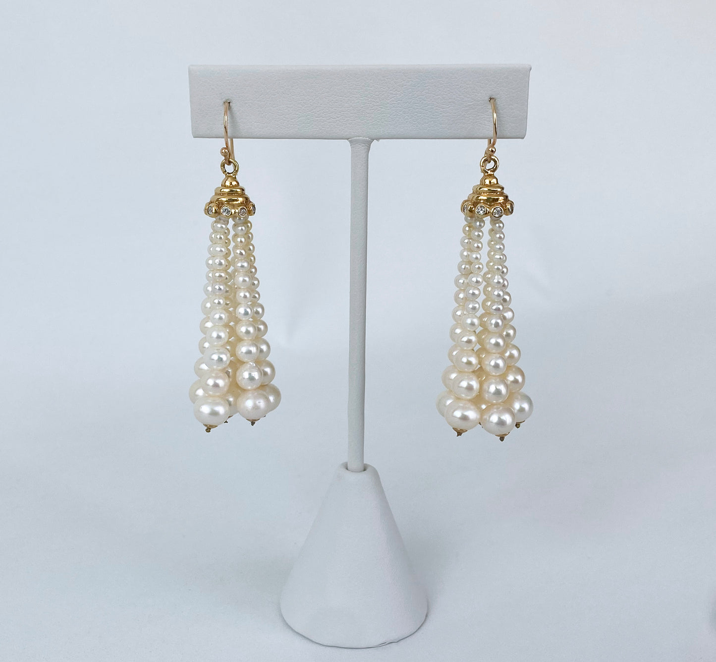 Graduated Pearl Tassel Earrings with Diamonds & Solid 14k Yellow Gold