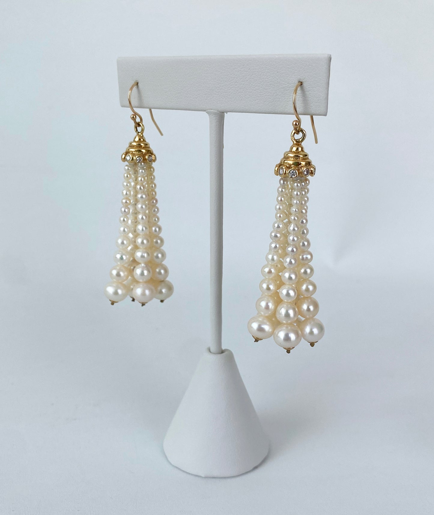 Graduated Pearl Tassel Earrings with Diamonds & Solid 14k Yellow Gold