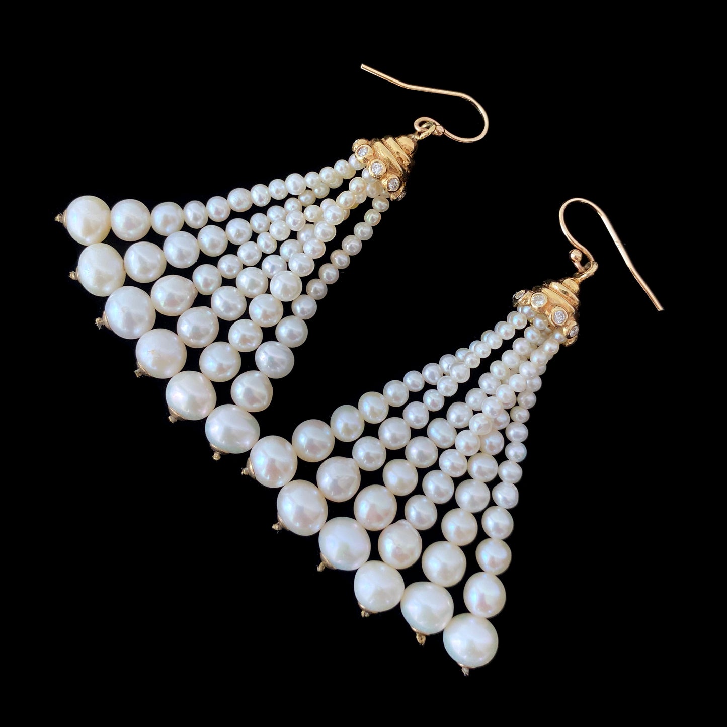 Graduated Pearl Tassel Earrings with Diamonds & Solid 14k Yellow Gold