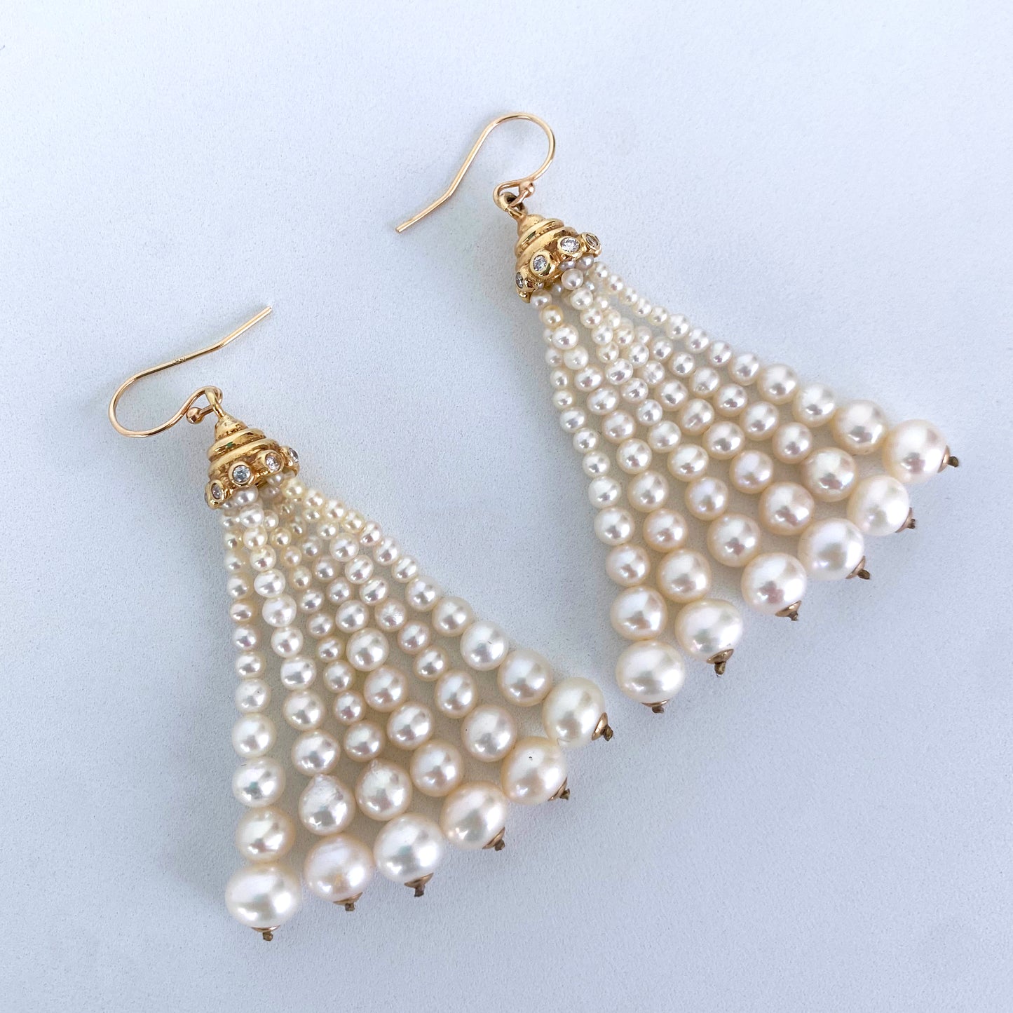 Graduated Pearl Tassel Earrings with Diamonds & Solid 14k Yellow Gold