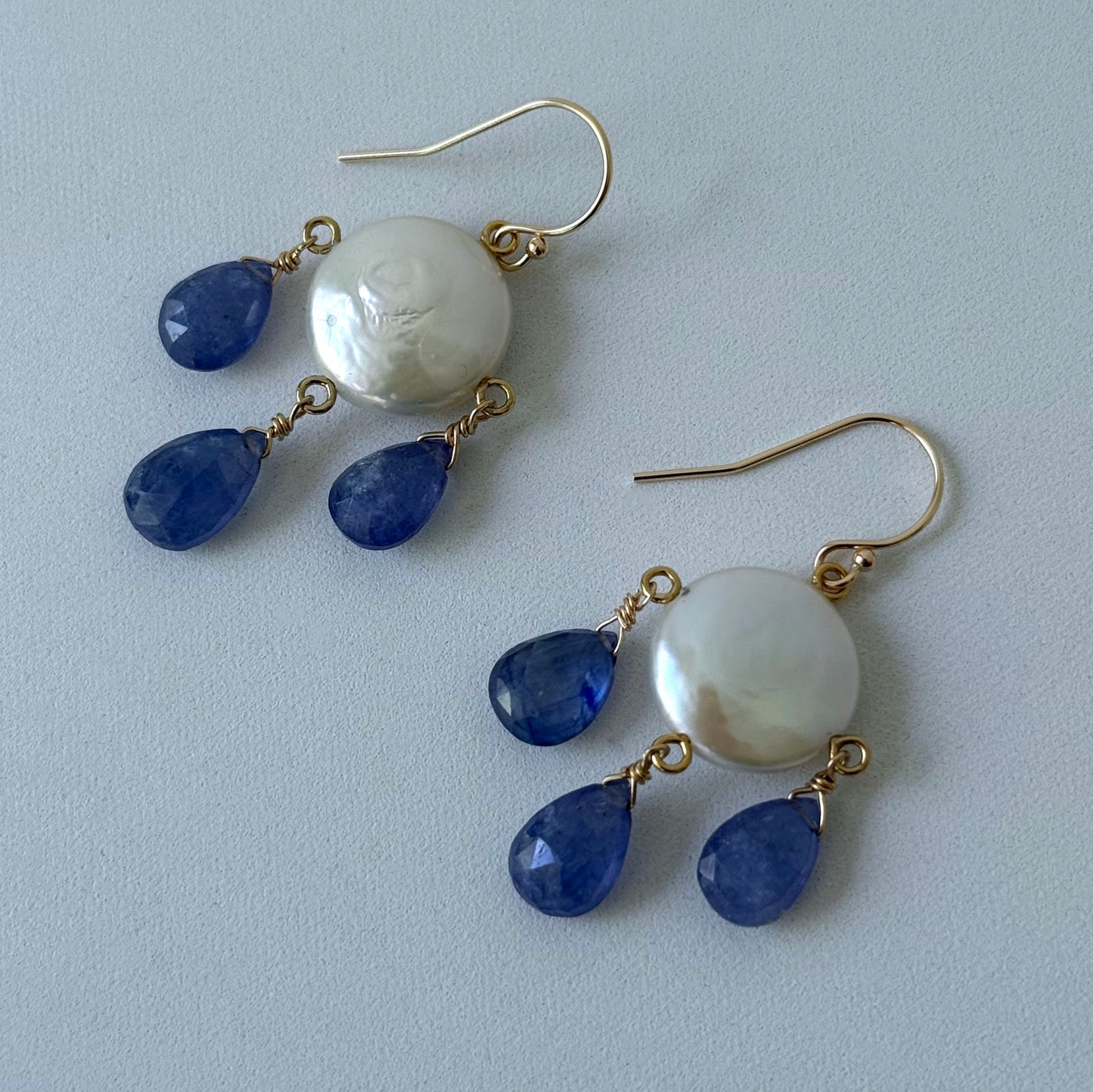 Tanzanite, Coin Pearl & Solid 14k Yellow Gold Chandelier Earrings