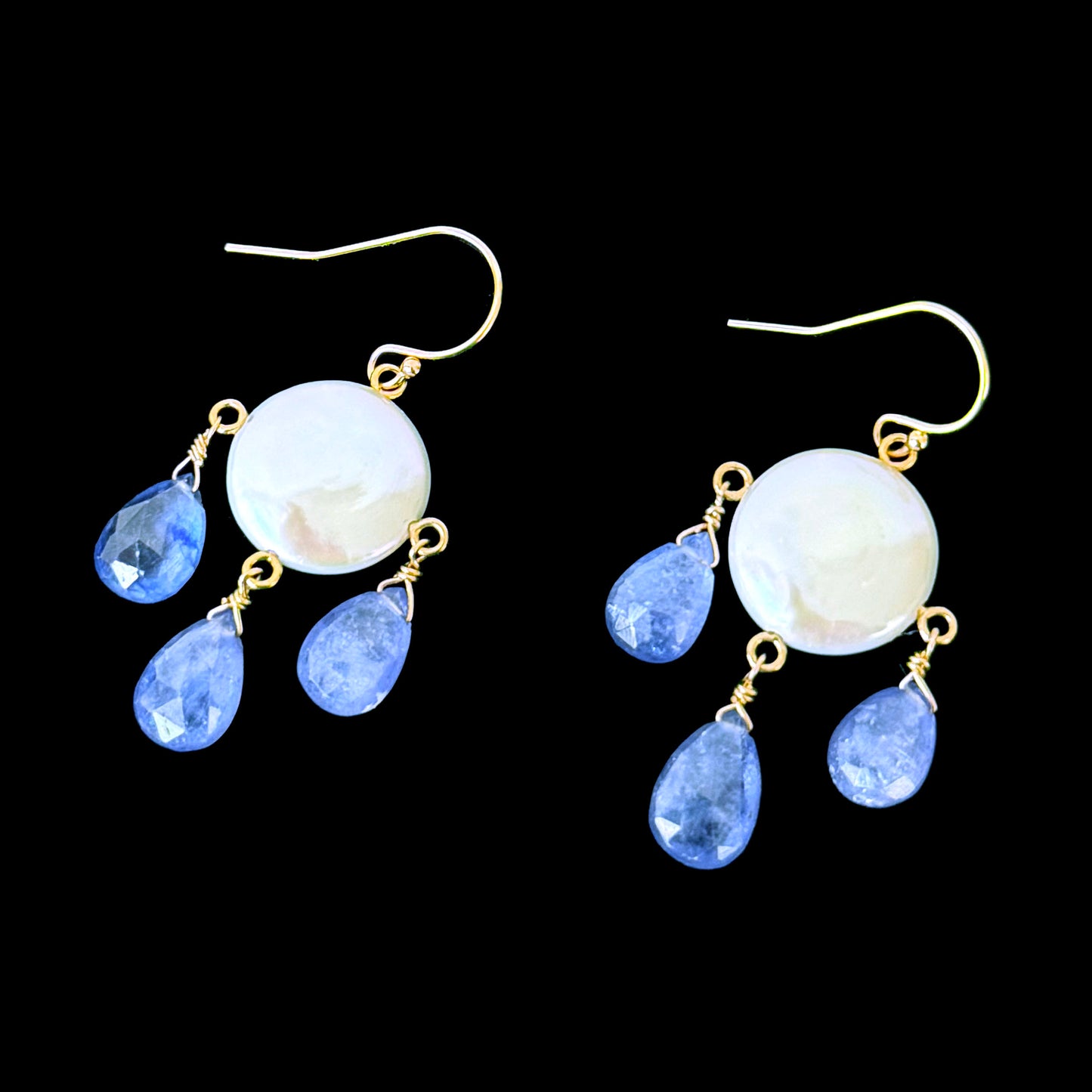 Tanzanite, Coin Pearl & Solid 14k Yellow Gold Chandelier Earrings