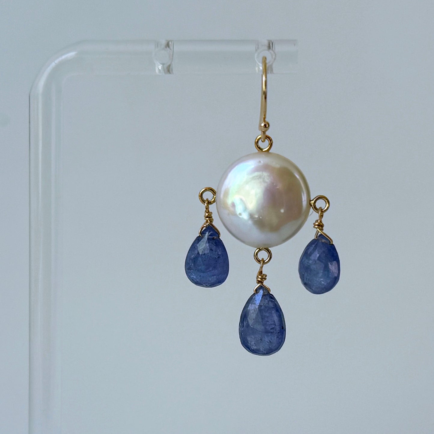 Tanzanite, Coin Pearl & Solid 14k Yellow Gold Chandelier Earrings