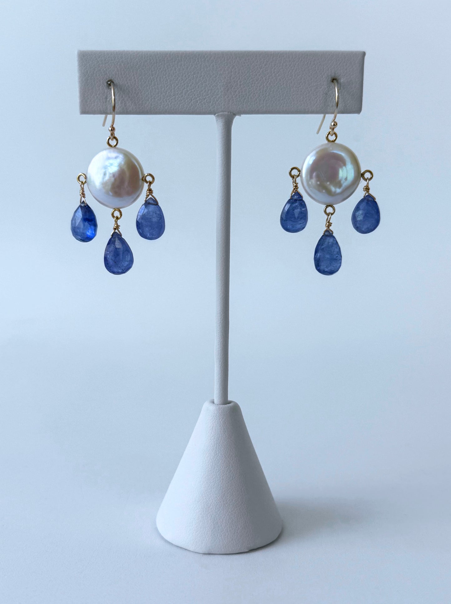 Tanzanite, Coin Pearl & Solid 14k Yellow Gold Chandelier Earrings