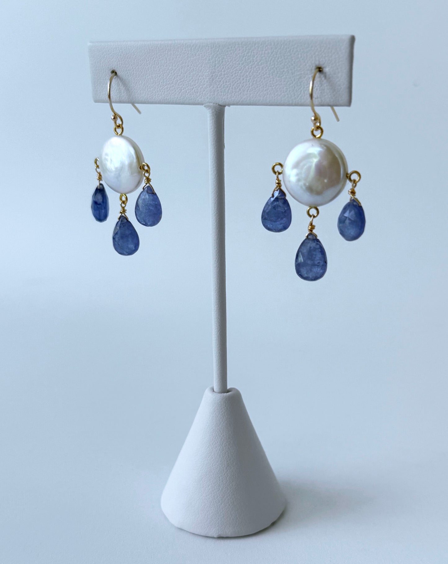 Tanzanite, Coin Pearl & Solid 14k Yellow Gold Chandelier Earrings