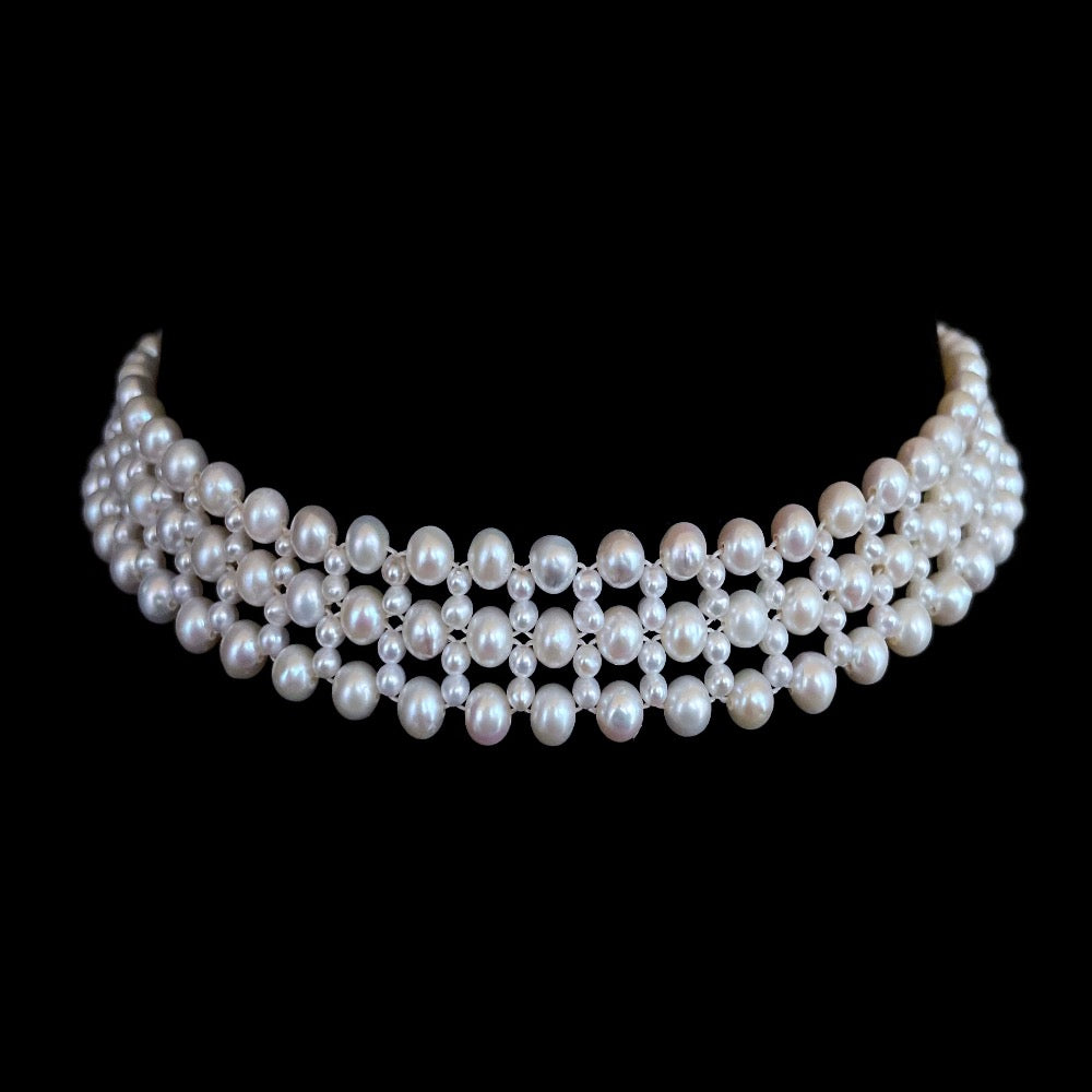 Pearl Lace Woven Choker with Rhodium Plated Silver