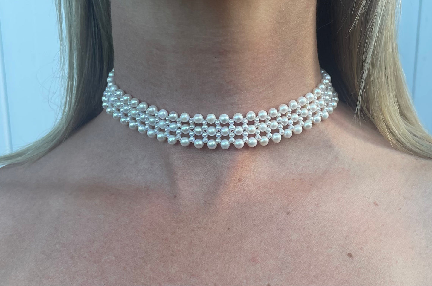 Pearl Lace Woven Choker with Rhodium Plated Silver