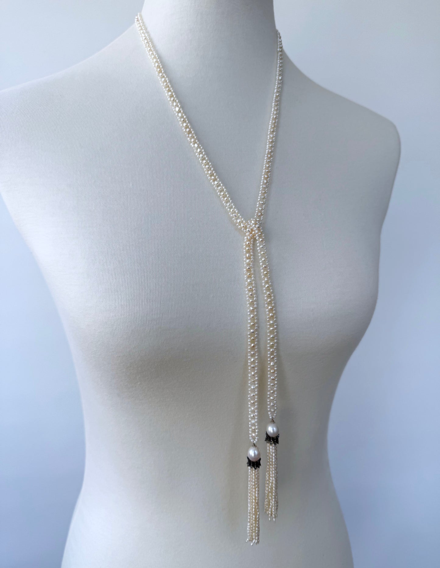 Slender Pearl Woven Sautoir with Diamond Encrusted Silver Tassels