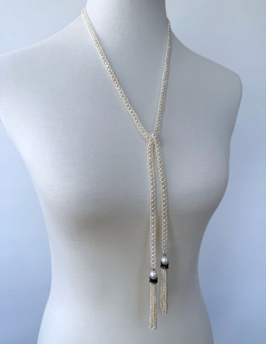 Slender Pearl Woven Sautoir with Diamond Encrusted Silver Tassels