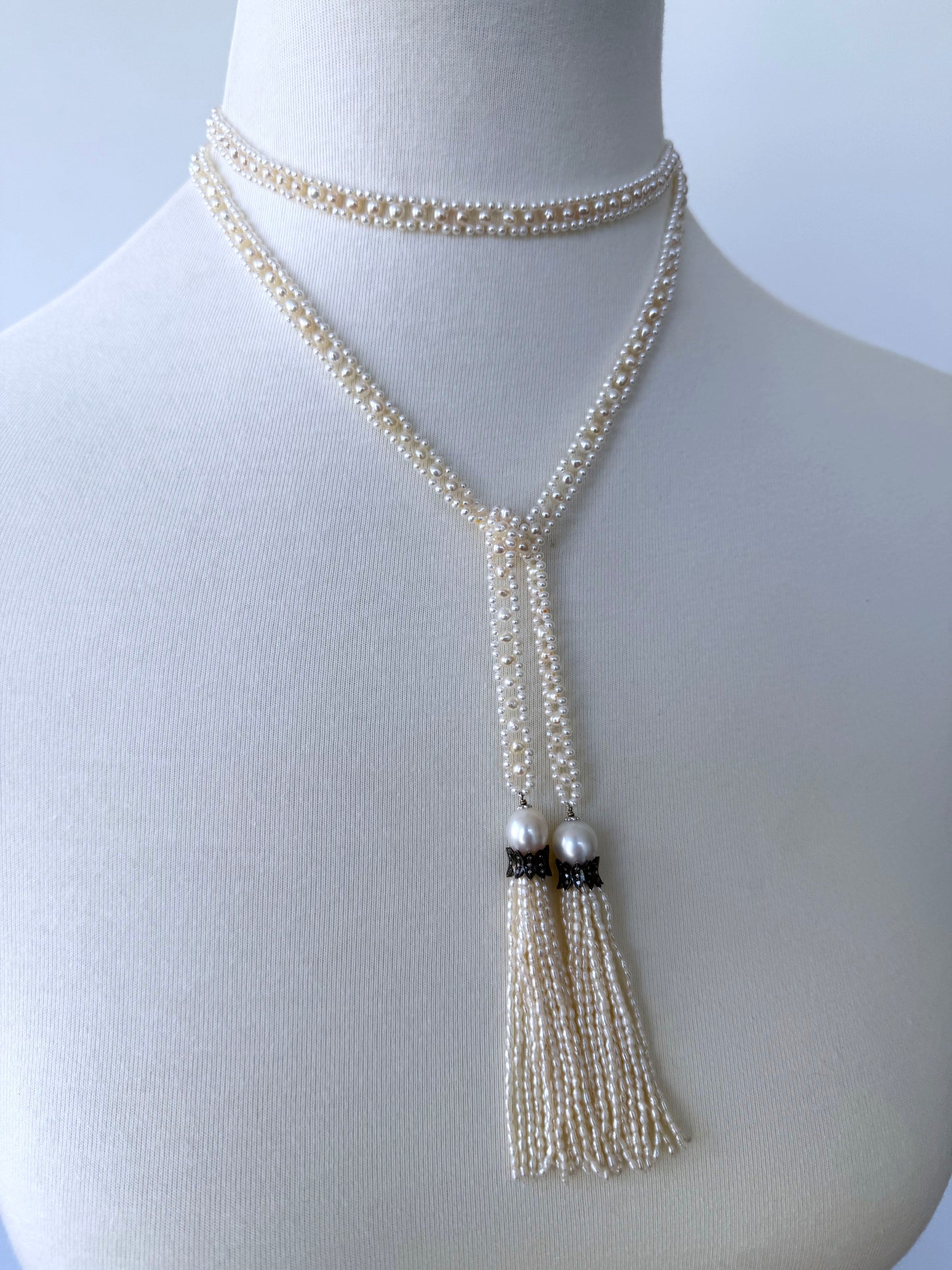 Slender Pearl Woven Sautoir with Diamond Encrusted Silver Tassels