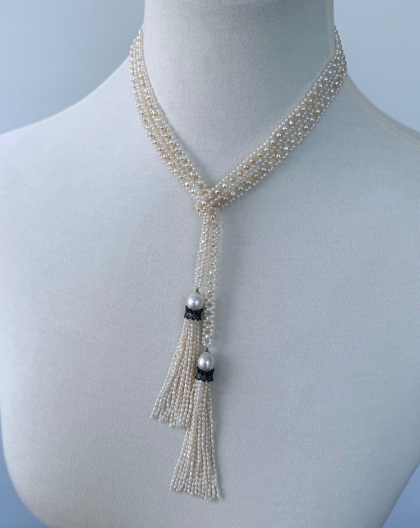 Slender Pearl Woven Sautoir with Diamond Encrusted Silver Tassels