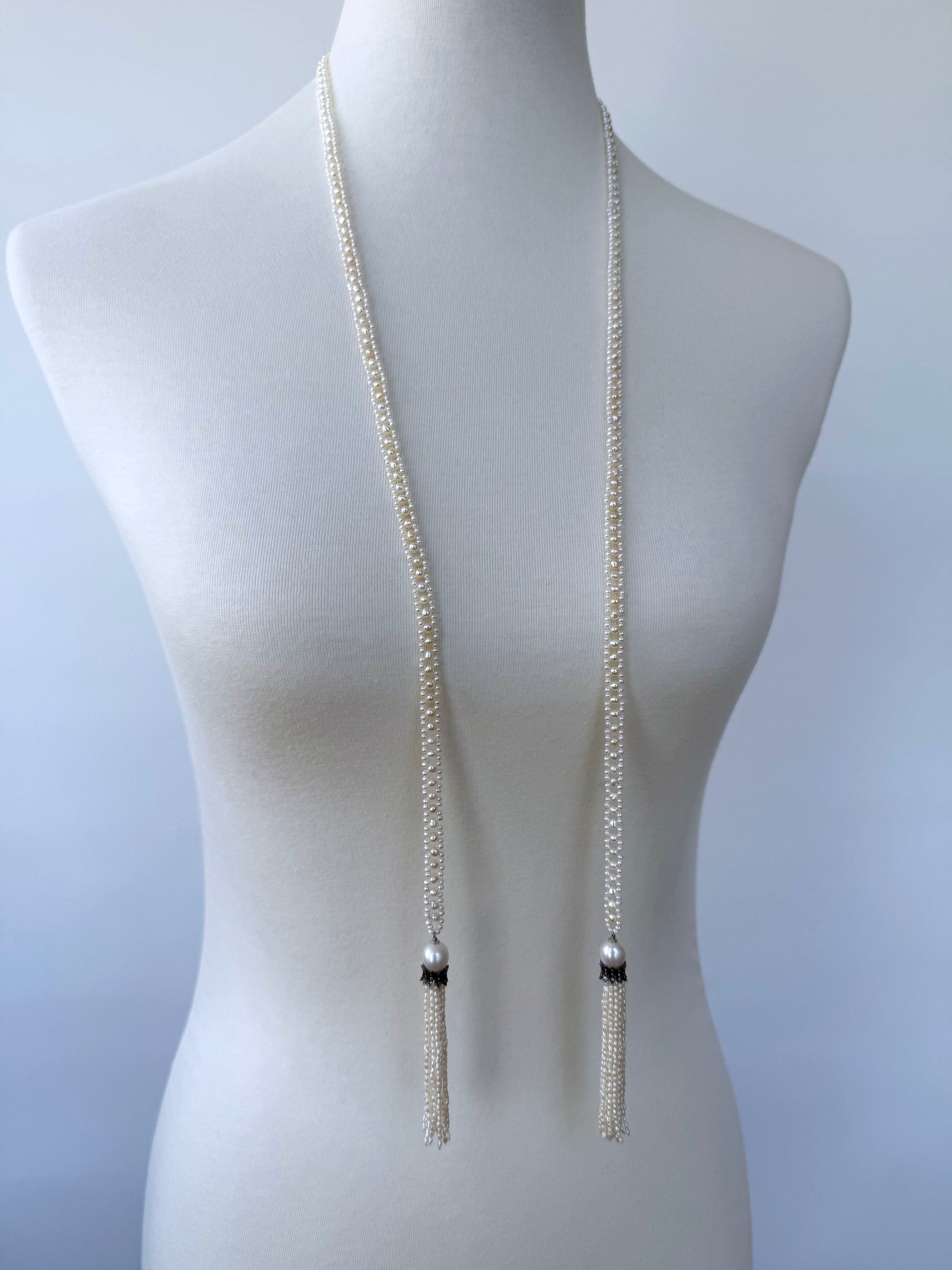 Slender Pearl Woven Sautoir with Diamond Encrusted Silver Tassels