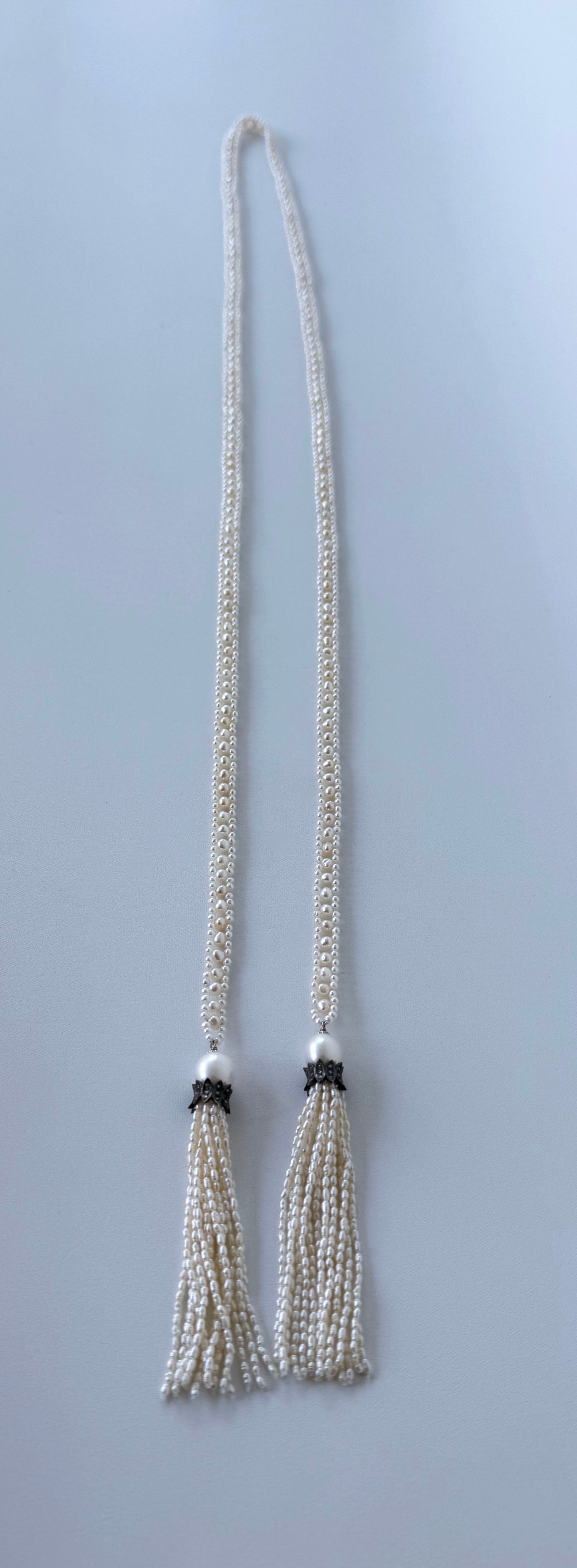 Slender Pearl Woven Sautoir with Diamond Encrusted Silver Tassels