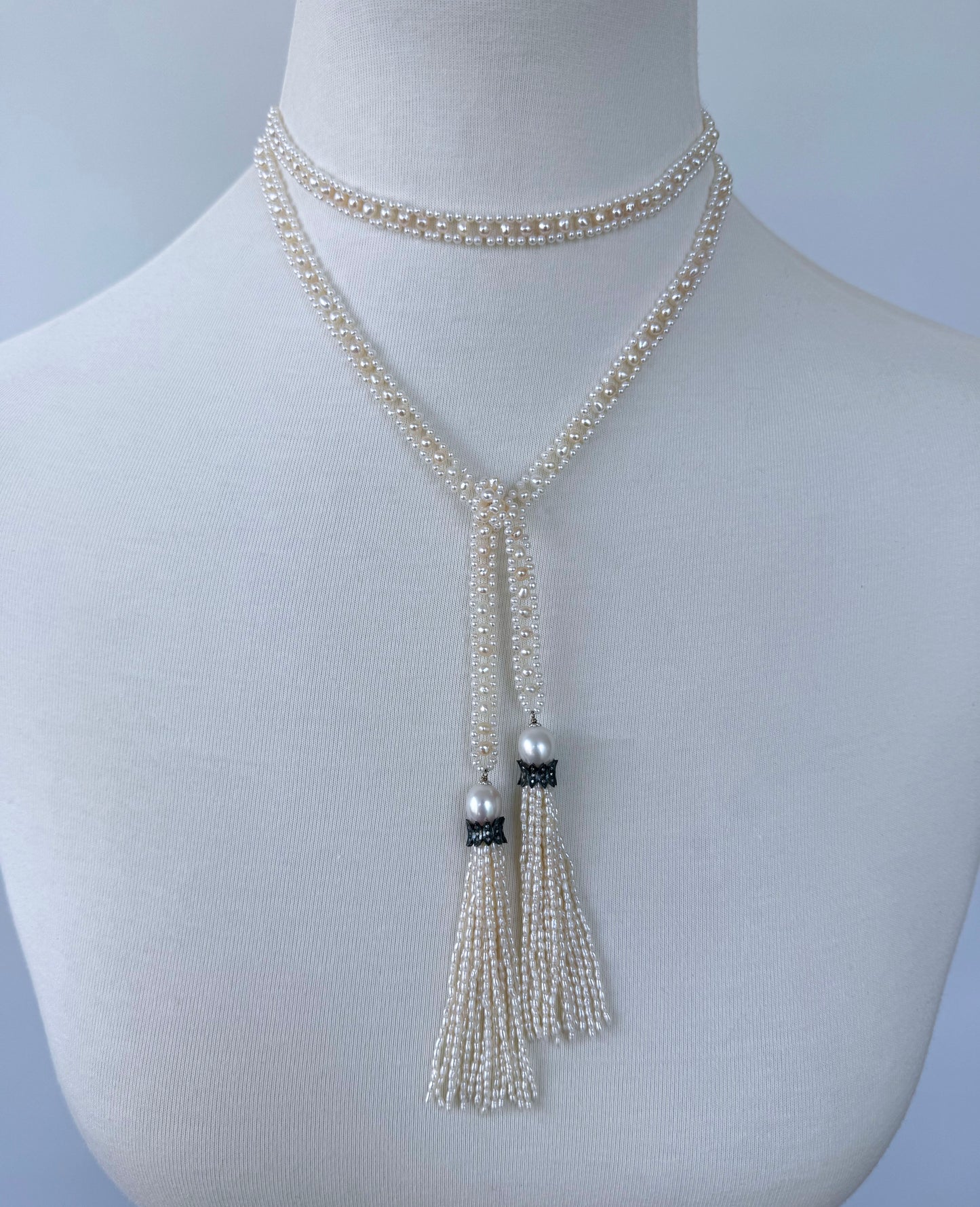 Slender Pearl Woven Sautoir with Diamond Encrusted Silver Tassels