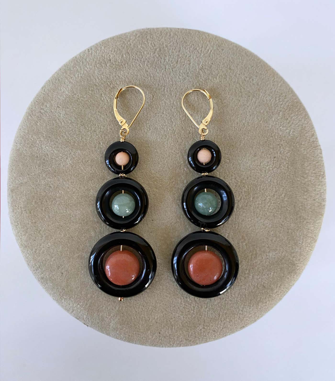 Jade, Coral, Black Onyx & solid 14k Yellow Gold Lever Back Earrings