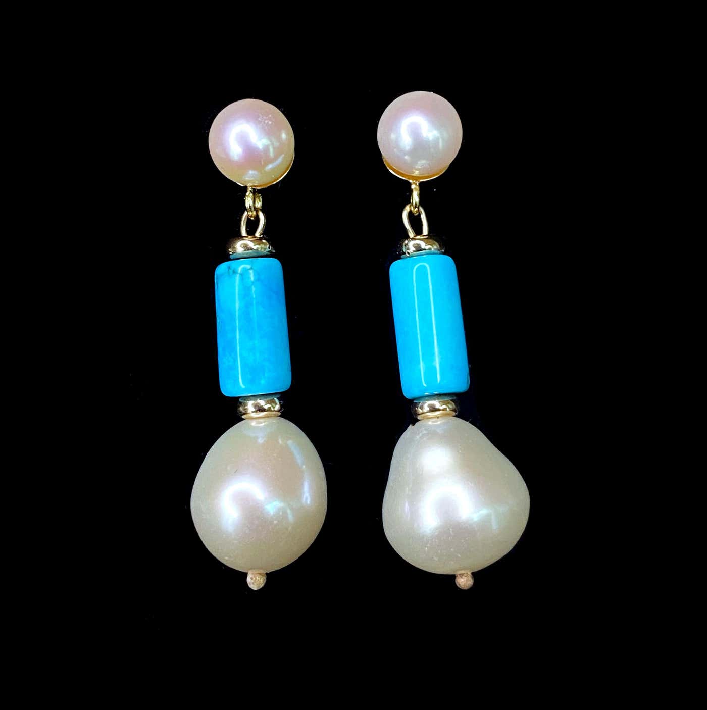 Studded Pearl & Turquoise Earrings with solid 14k Yellow Gold