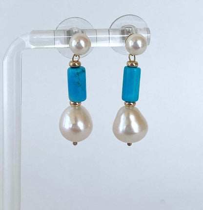Studded Pearl & Turquoise Earrings with solid 14k Yellow Gold