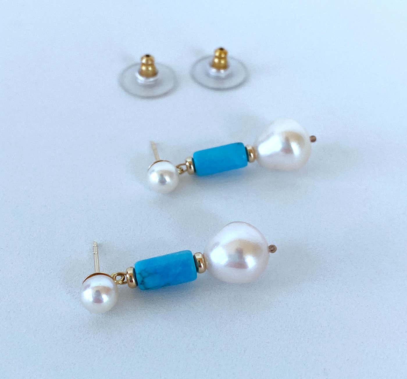 Studded Pearl & Turquoise Earrings with solid 14k Yellow Gold