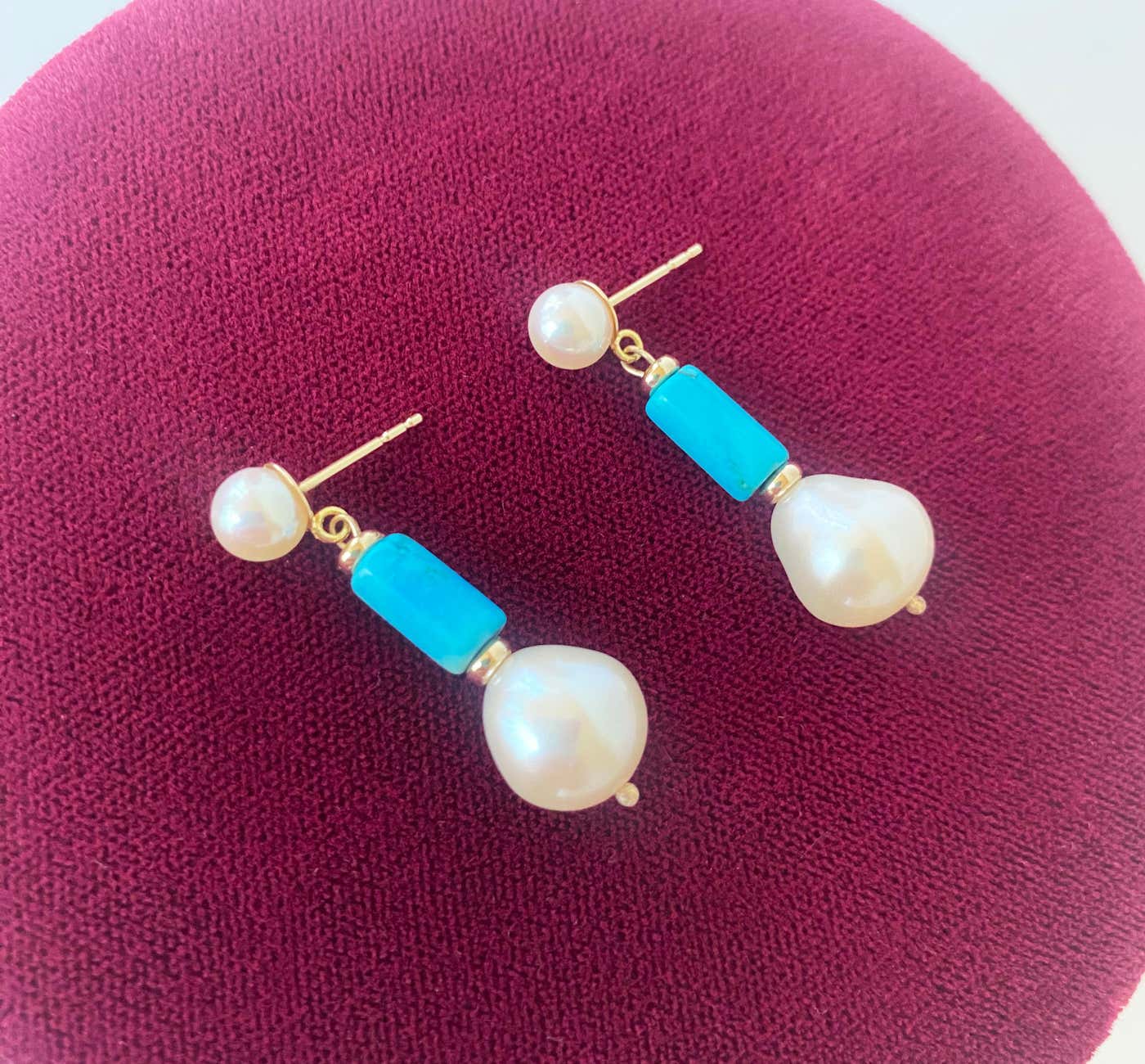 Studded Pearl & Turquoise Earrings with solid 14k Yellow Gold