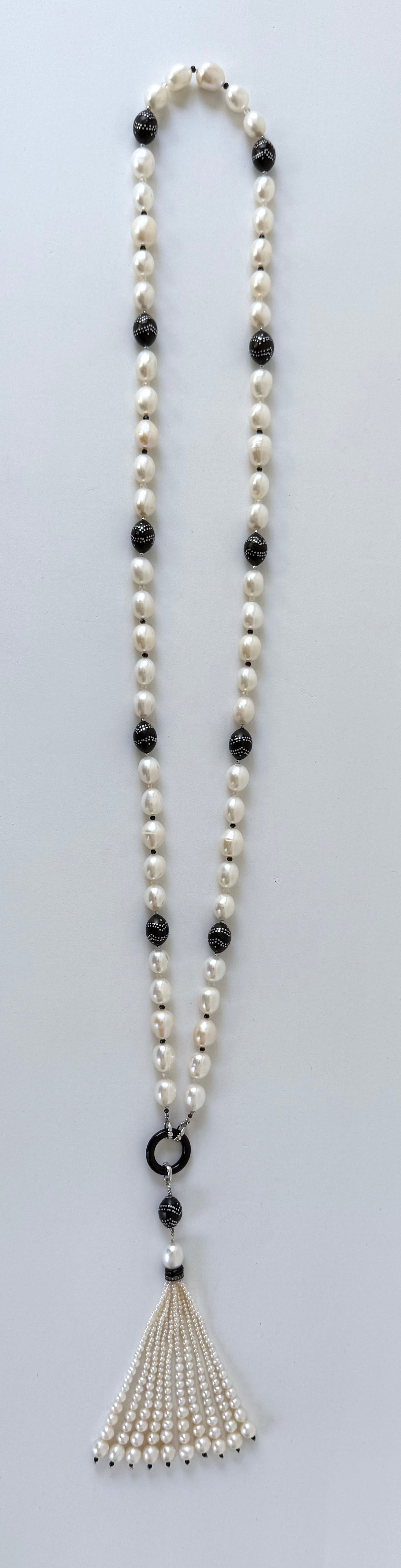 Pearl, Solid White Gold, Silver, Black Onyx & Worry Bead Sautoir