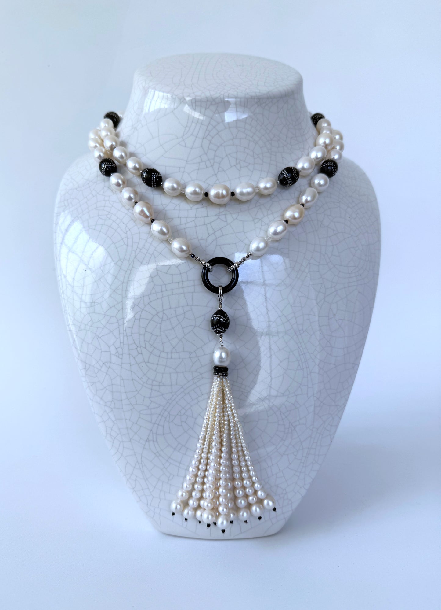 Pearl, Solid White Gold, Silver, Black Onyx & Worry Bead Sautoir