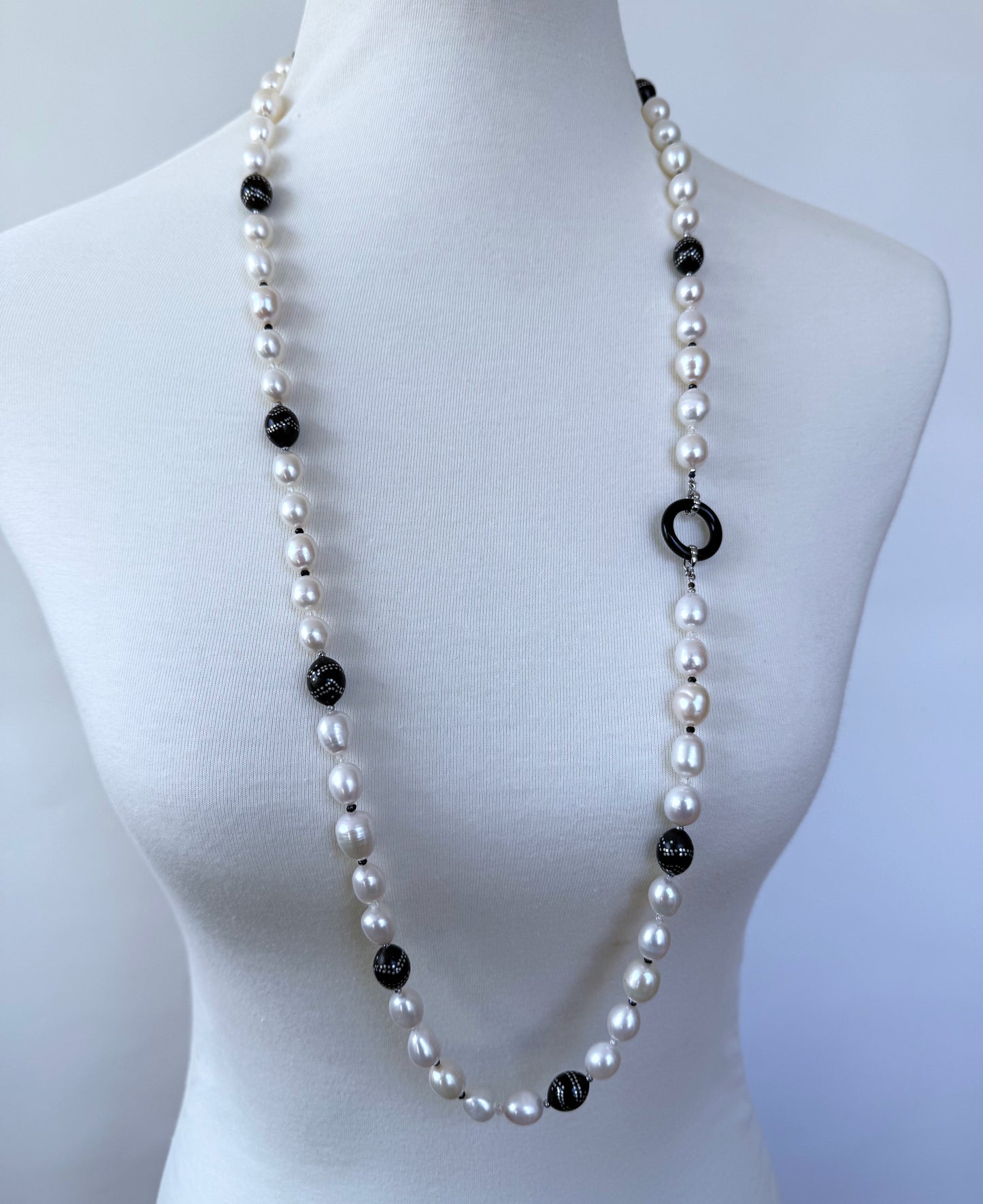Pearl, Solid White Gold, Silver, Black Onyx & Worry Bead Sautoir