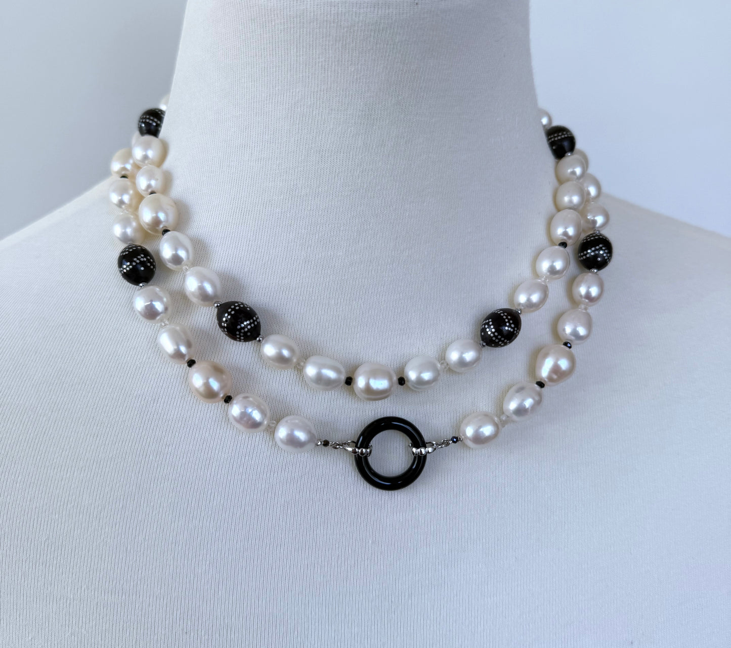 Pearl, Solid White Gold, Silver, Black Onyx & Worry Bead Sautoir