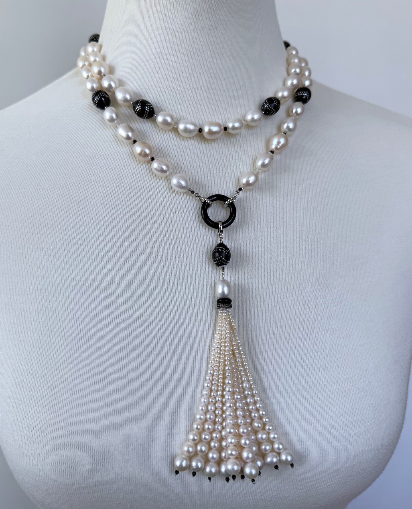 Pearl, Solid White Gold, Silver, Black Onyx & Worry Bead Sautoir