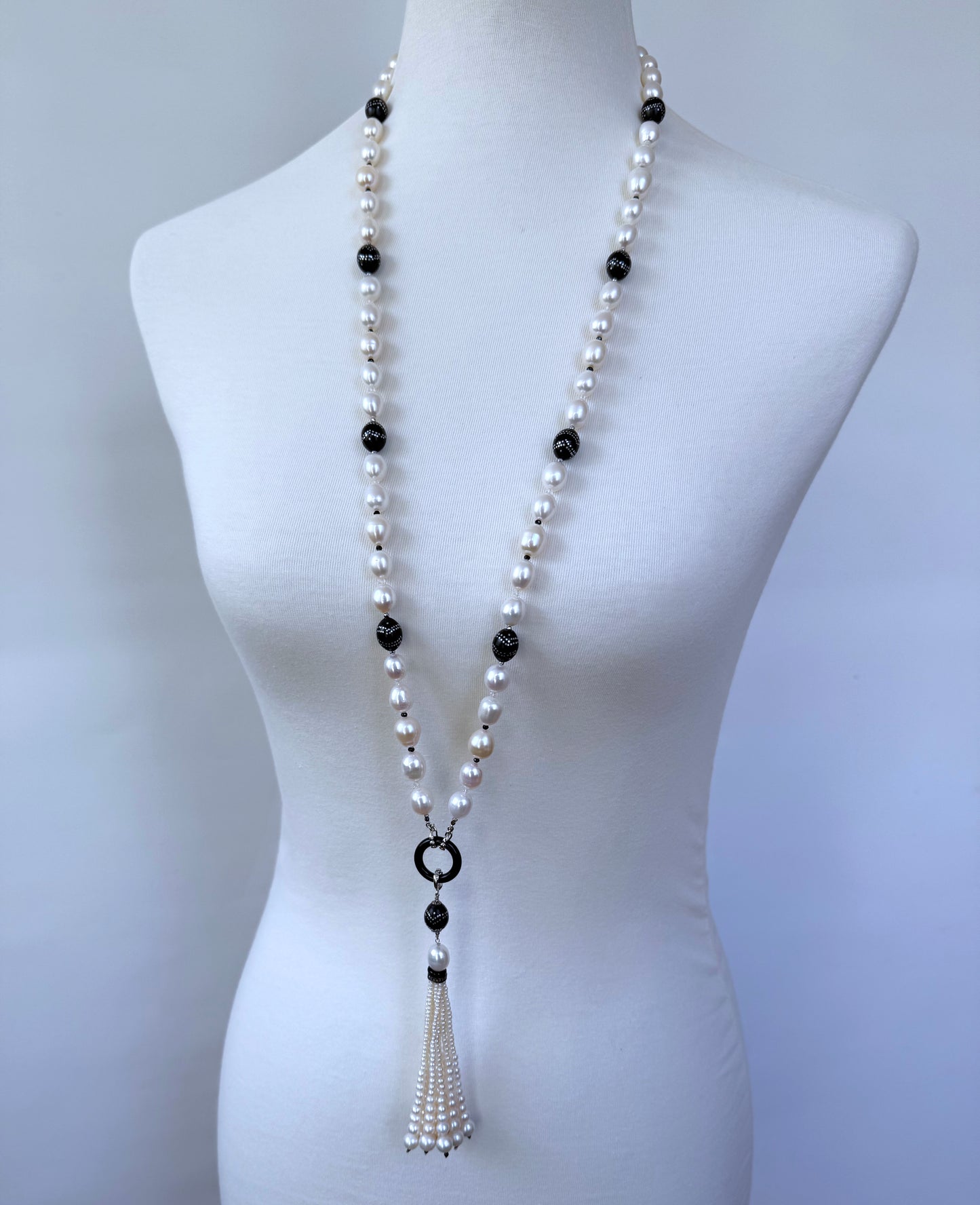 Pearl, Solid White Gold, Silver, Black Onyx & Worry Bead Sautoir
