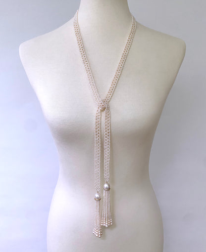Sizeless Woven Pearl Sautoir with Diamonds & Solid 14k Yellow Gold