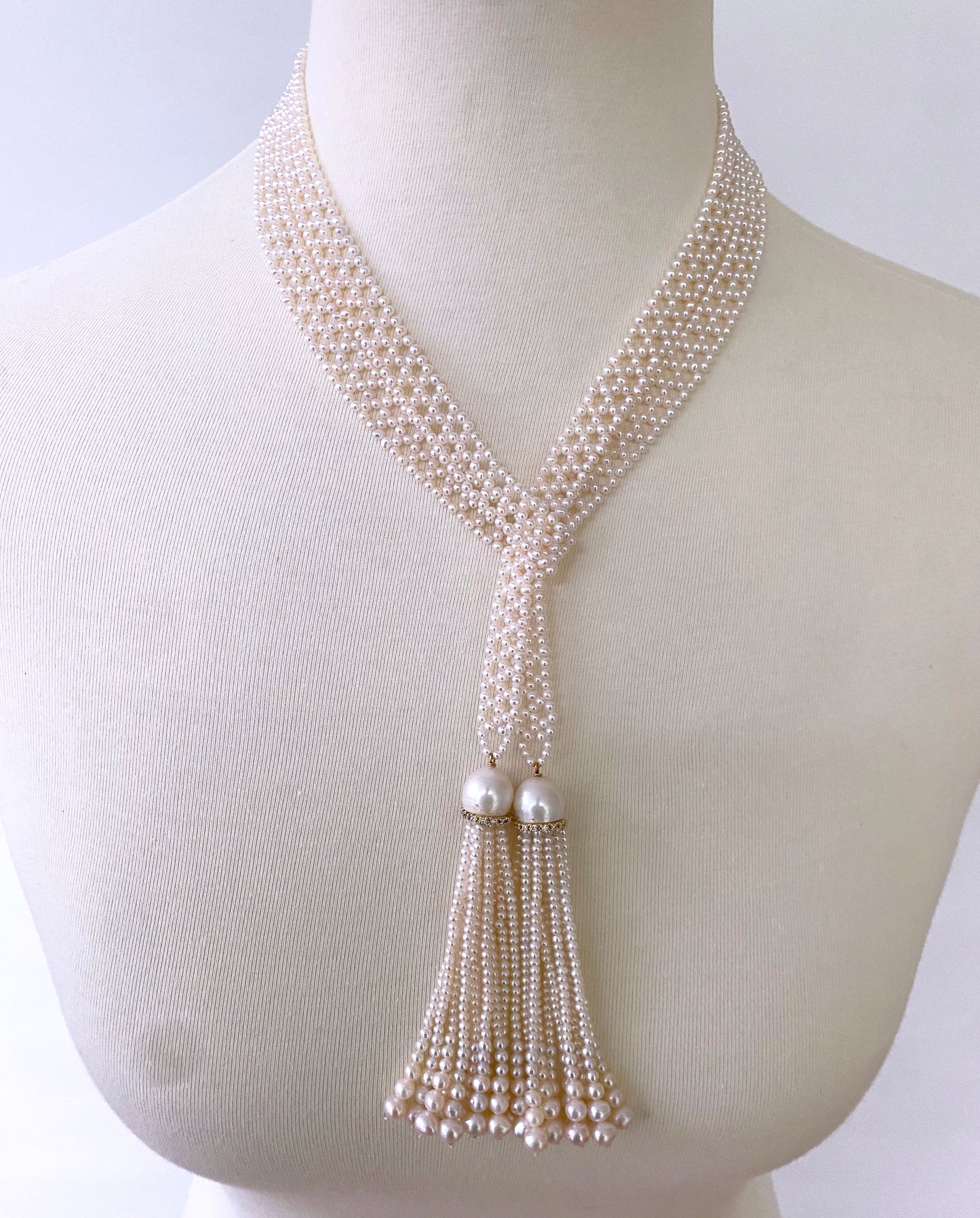 Sizeless Woven Pearl Sautoir with Diamonds & Solid 14k Yellow Gold