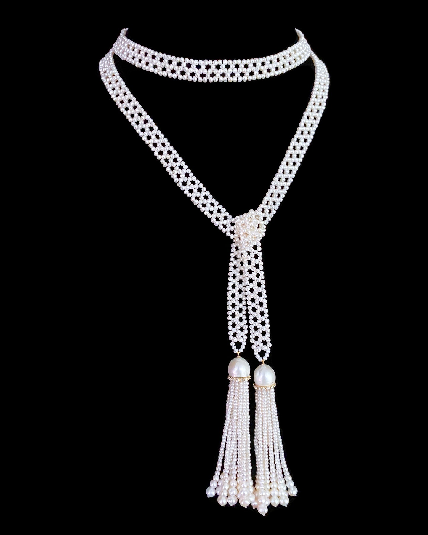 Sizeless Woven Pearl Sautoir with Diamonds & Solid 14k Yellow Gold