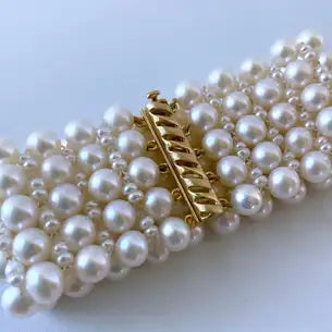Woven Pearl Bracelet with 14k Yellow Gold Plated Silver Sliding Clasp