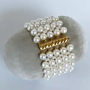 Woven Pearl Bracelet with 14k Yellow Gold Plated Silver Sliding Clasp