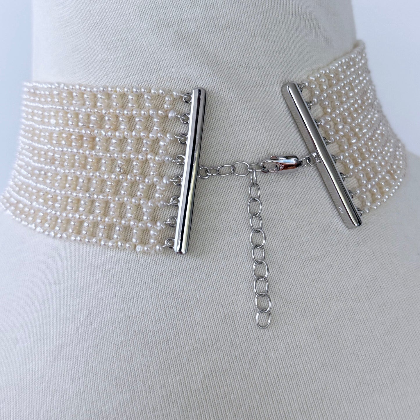 Seed Pearl Woven Choker with Silver Adjustable Clasp