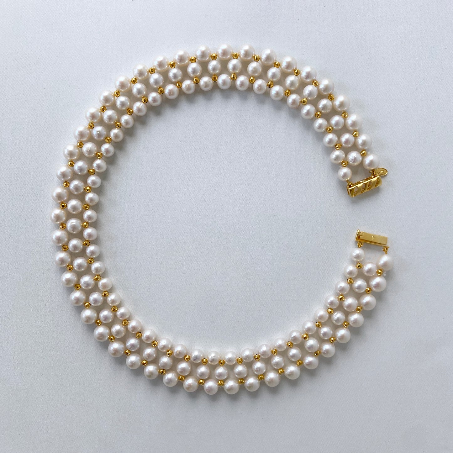 Pearl Woven Necklace with Yellow Gold Plated Faceted Findings & Clasp