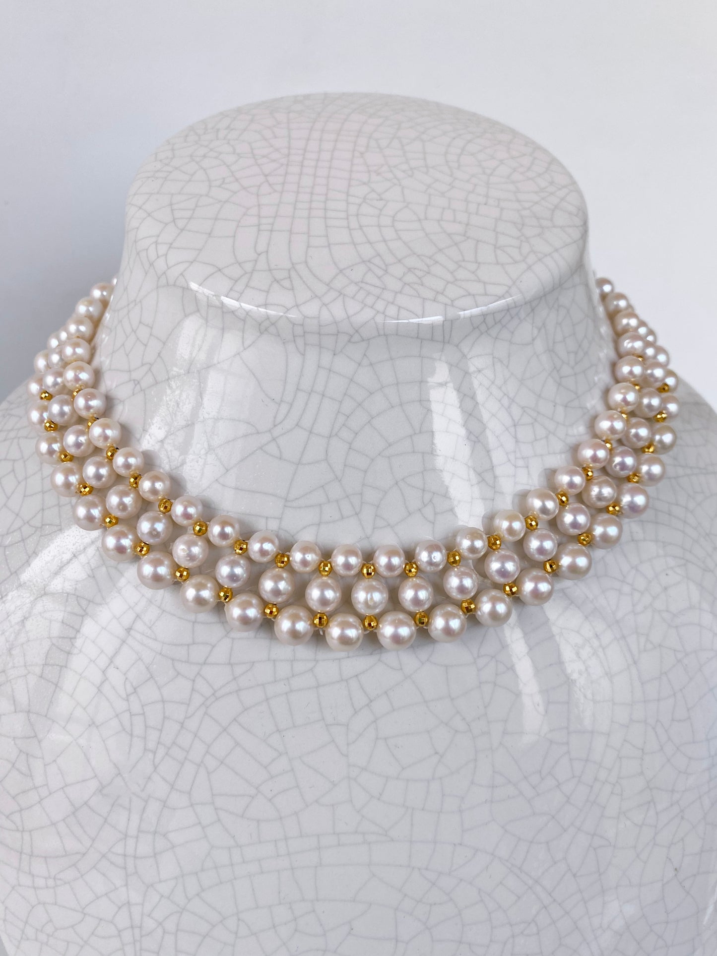 Pearl Woven Necklace with Yellow Gold Plated Faceted Findings & Clasp