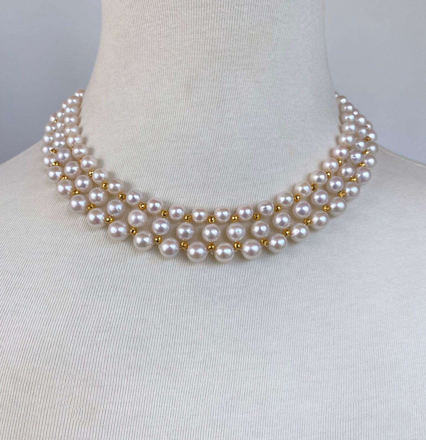 Pearl Woven Necklace with Yellow Gold Plated Faceted Findings & Clasp