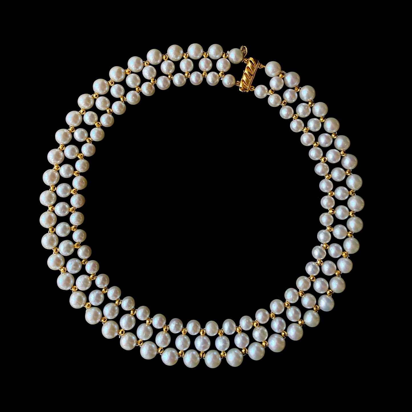 Pearl Woven Necklace with Yellow Gold Plated Faceted Findings & Clasp