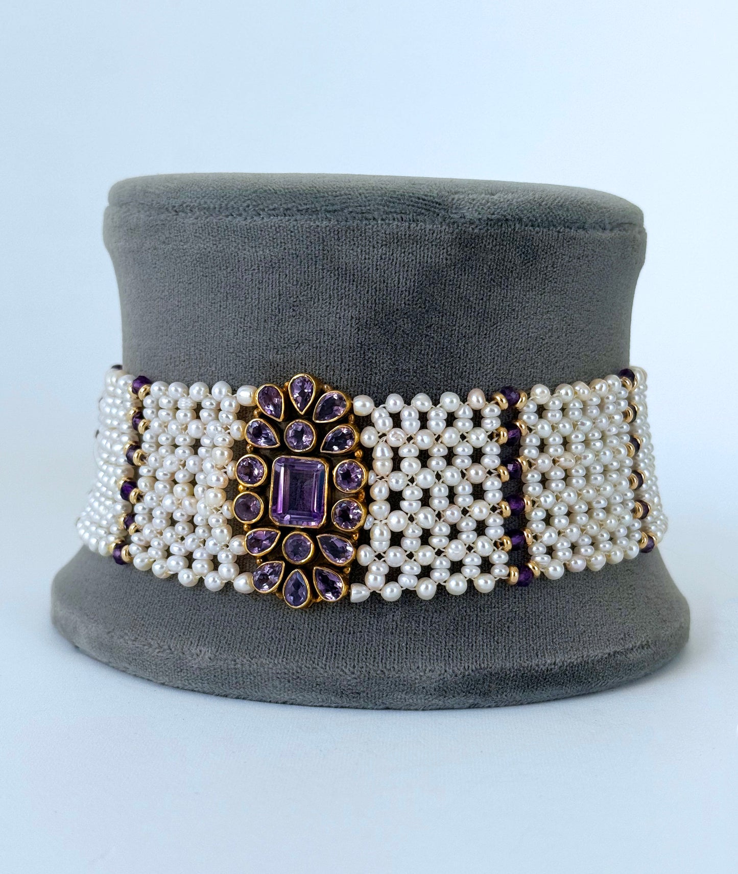 Pearl, Solid 14k Yellow Gold & Amethyst Woven Choker with Gold Adjustable Clasp