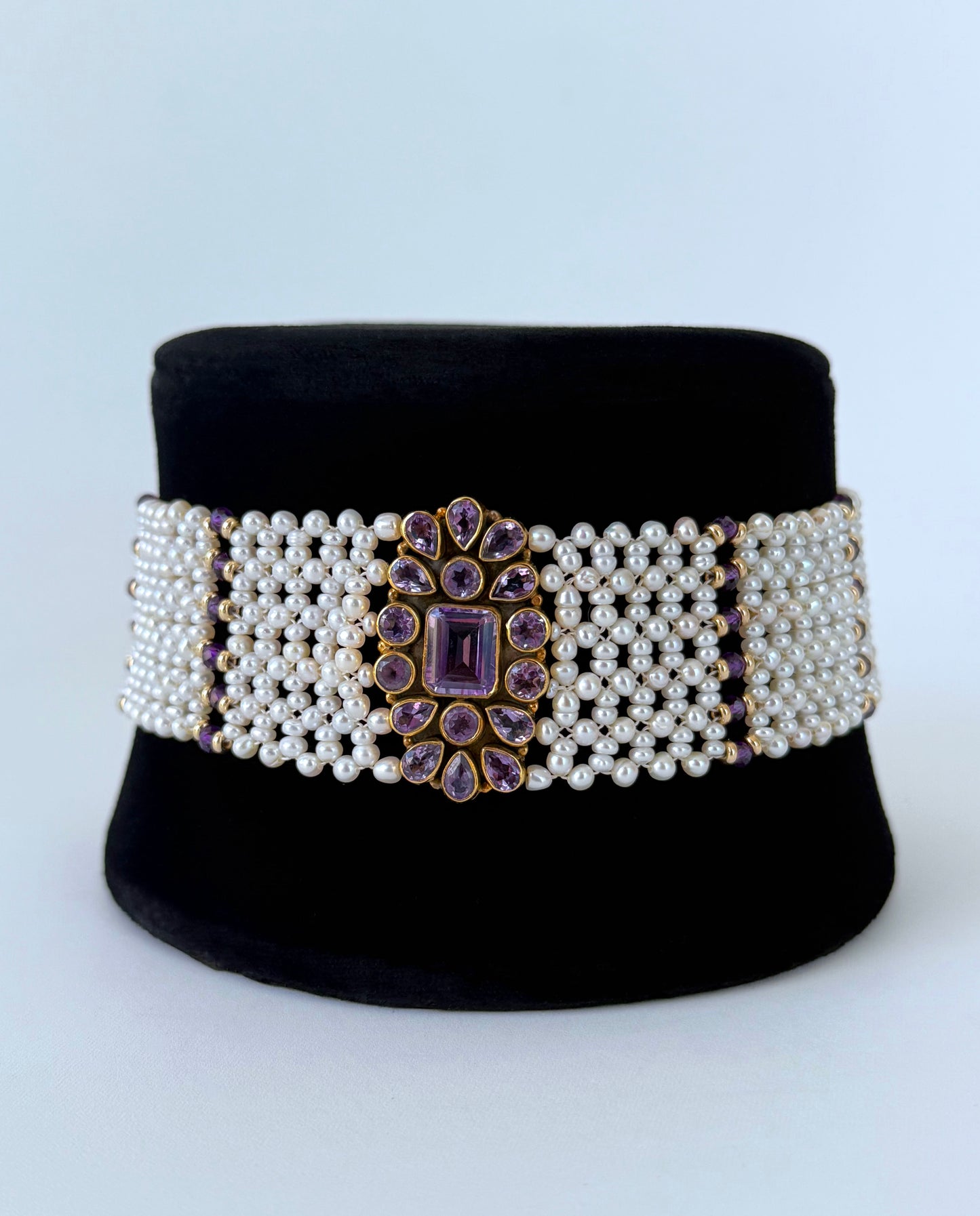 Pearl, Solid 14k Yellow Gold & Amethyst Woven Choker with Gold Adjustable Clasp