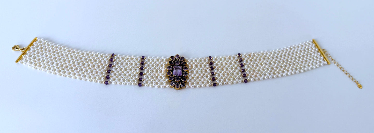 Pearl, Solid 14k Yellow Gold & Amethyst Woven Choker with Gold Adjustable Clasp