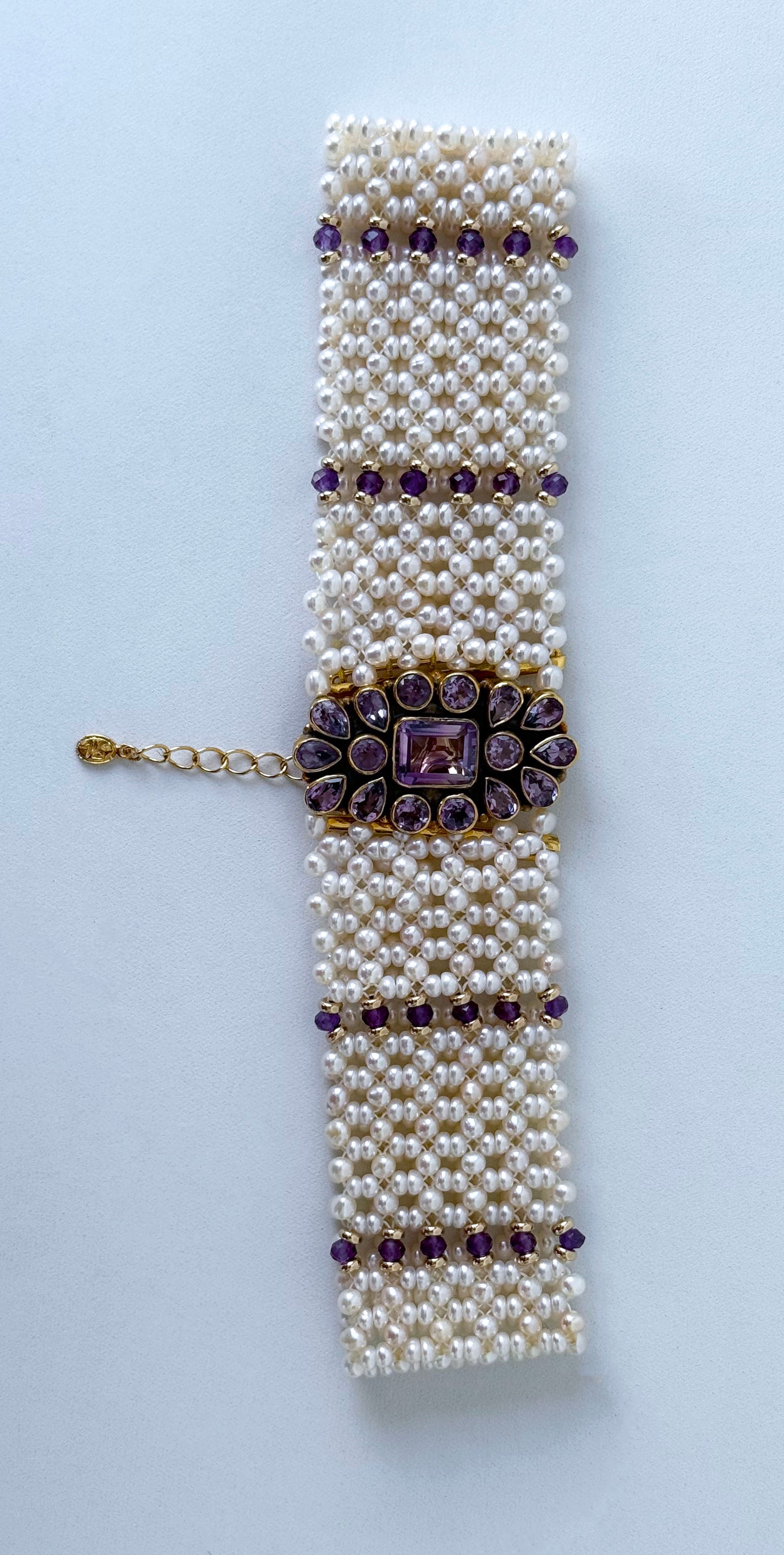 Pearl, Solid 14k Yellow Gold & Amethyst Woven Choker with Gold Adjustable Clasp