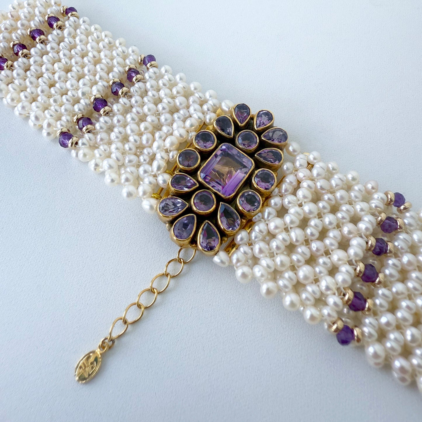 Pearl, Solid 14k Yellow Gold & Amethyst Woven Choker with Gold Adjustable Clasp