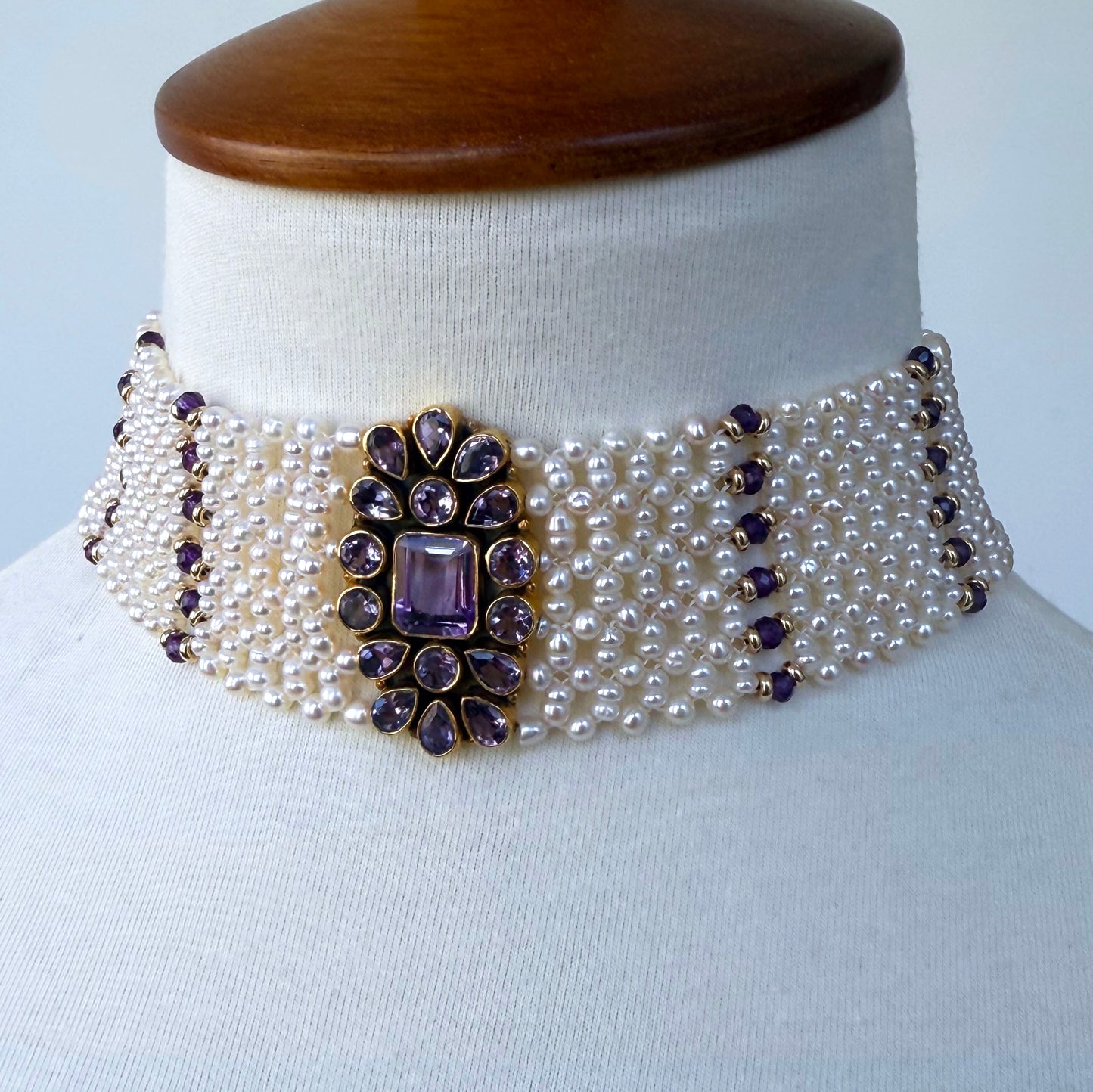 Pearl, Solid 14k Yellow Gold & Amethyst Woven Choker with Gold Adjustable Clasp