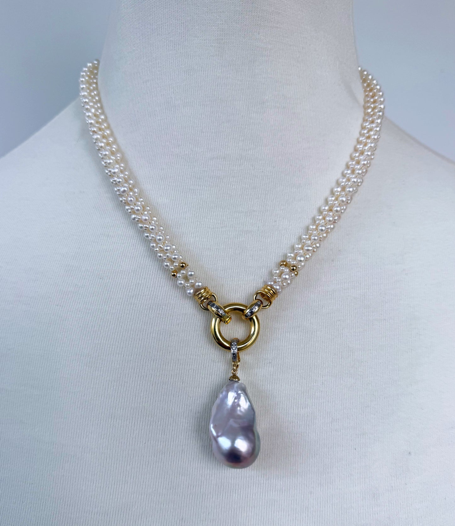 Pearl Woven Rope Necklace with Diamonds, Solid 14k Gold & Baroque Pearl