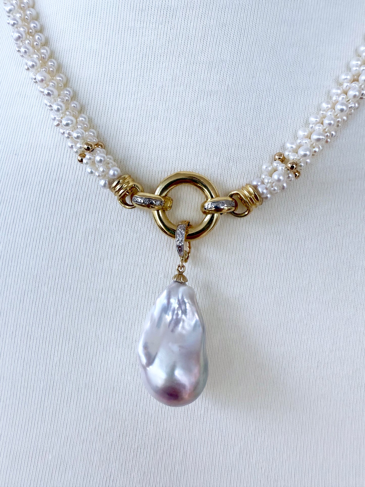 Pearl Woven Rope Necklace with Diamonds, Solid 14k Gold & Baroque Pearl